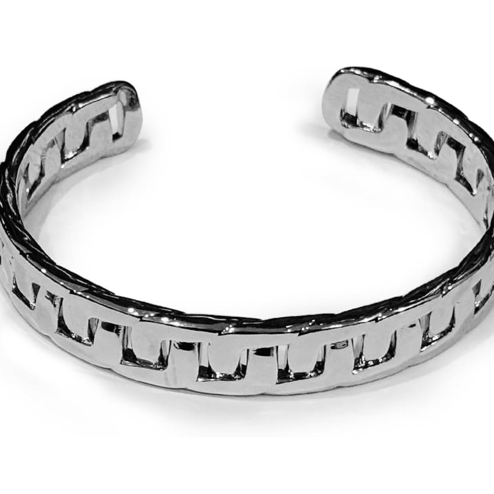 Silver Plated Cuban Chain Link Cuff Bracelet For Men and Women (Large)